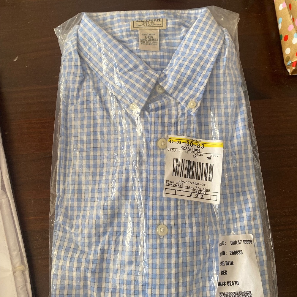 LL Bean Gingham Seersucker 100% Cotton Blue white Button Down Shirt - Large